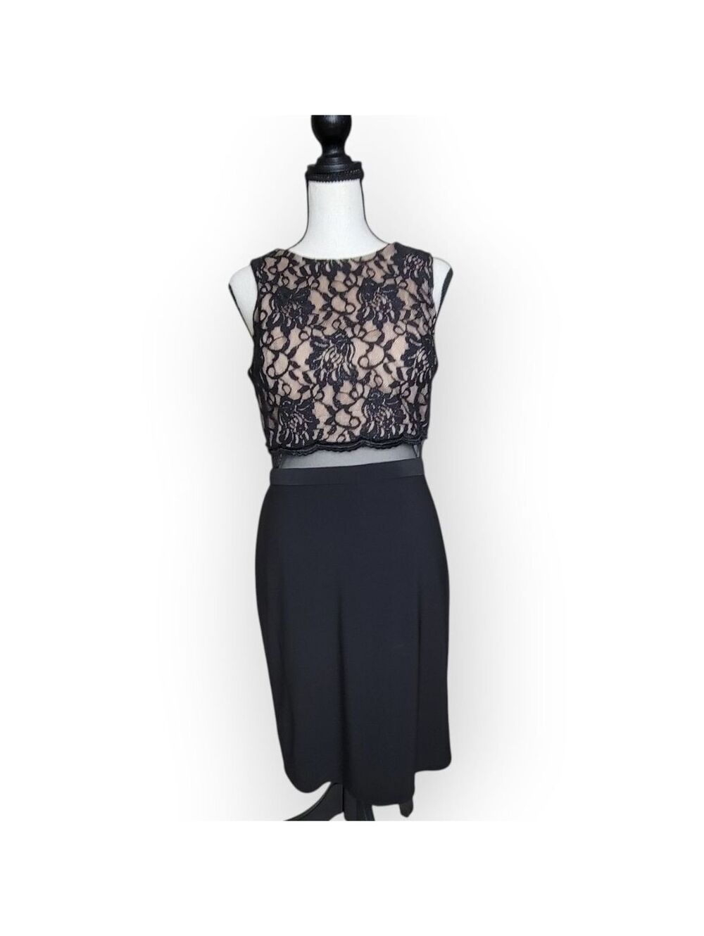 Morgan & Co Black Lace Sheer Mesh Size 10 Elegant Cocktail Sleeveless Dress